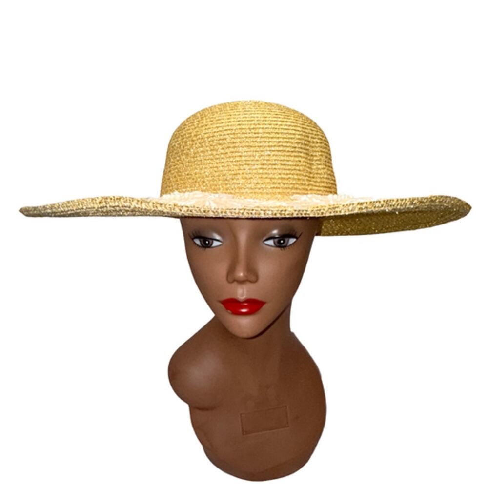 Gold Wide Brim Church Derby Easter Lace Sequin Pearl Dress Hat